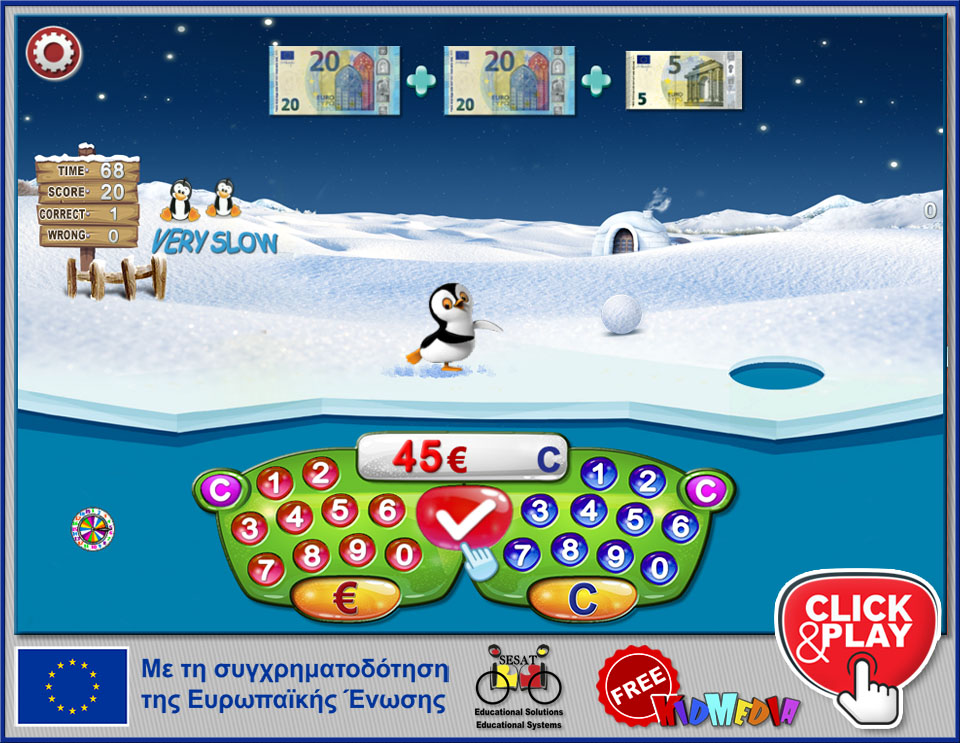 Click and play “Learning About Euros with Little Pengu”. an interactive learning game