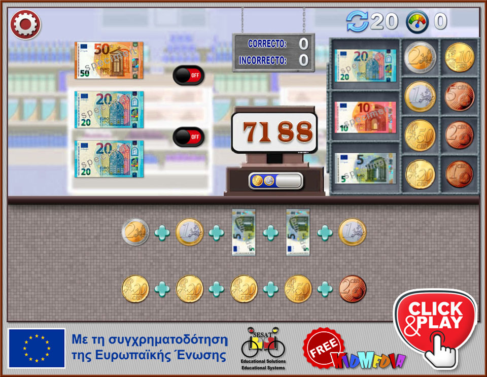 Click to use “Giving Change in Euros”, an interactive teaching tool.
